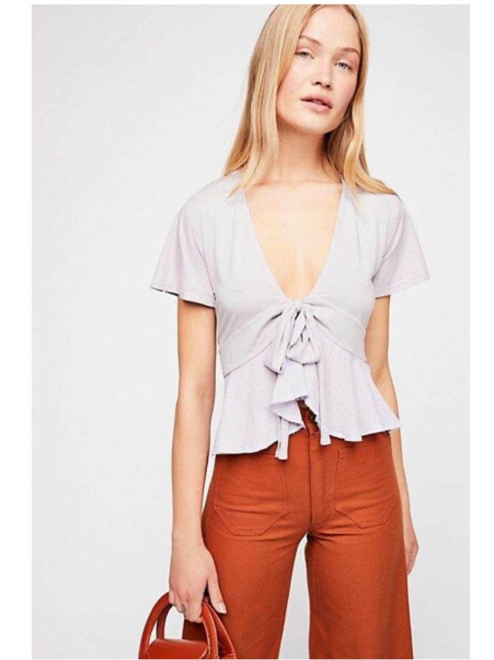We The Free “Knot Me” Light Lavender Tie-Front Ruffle Women's Top-  size Small